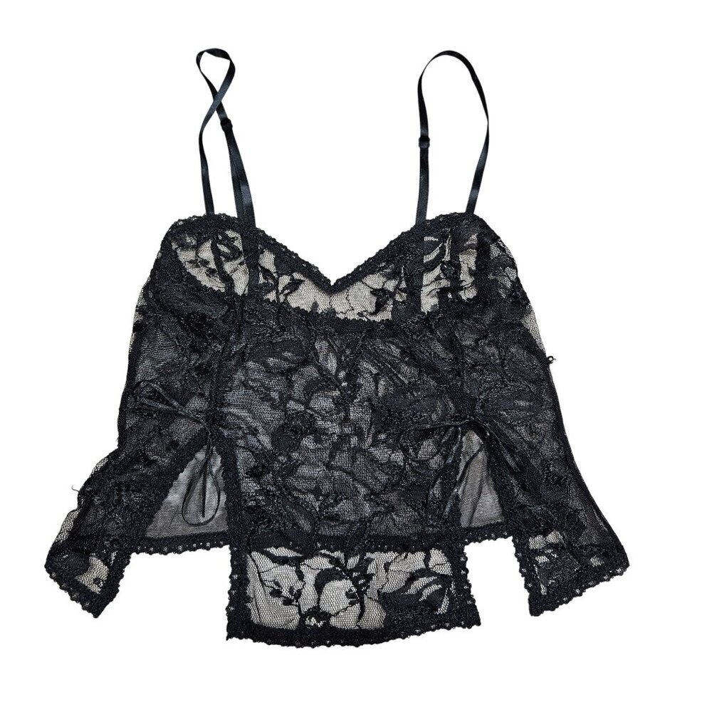 Black Sheer Lace Floral Sleeveless Top Adjustable Straps 2 Slits Bows‎ Goth S/M